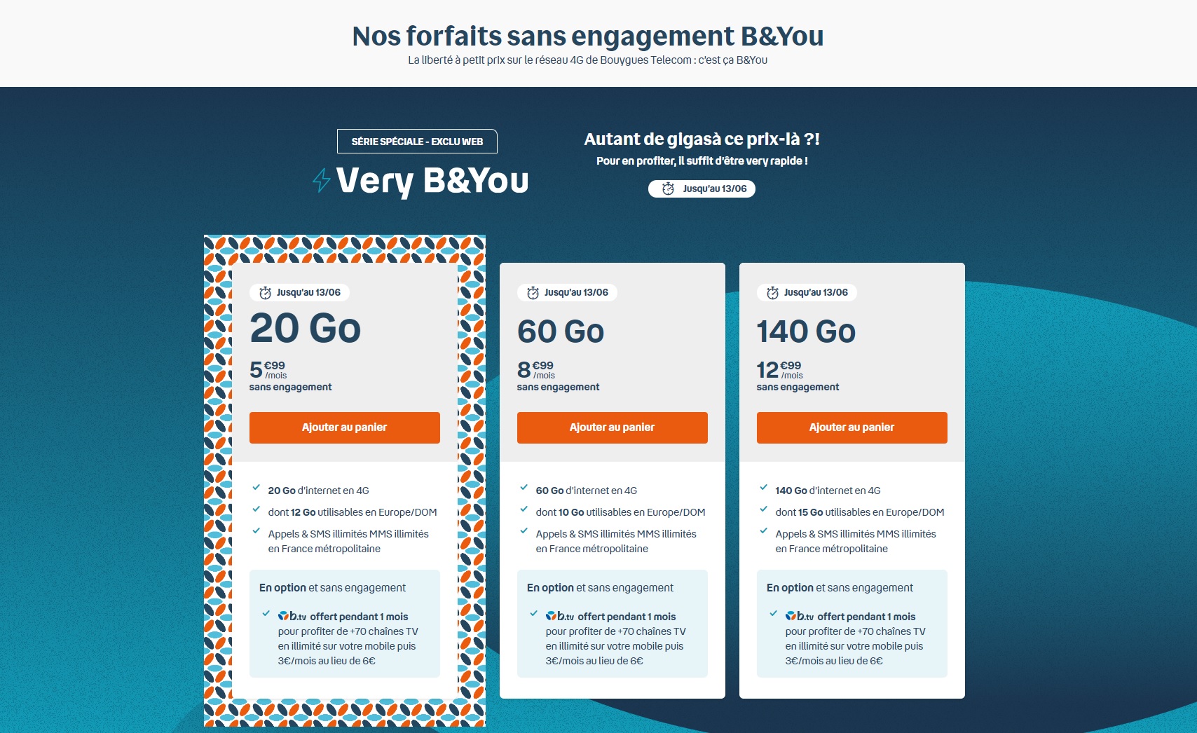 Les forfaits mobile 20, 60 et 140 Go de B&You en série limitée