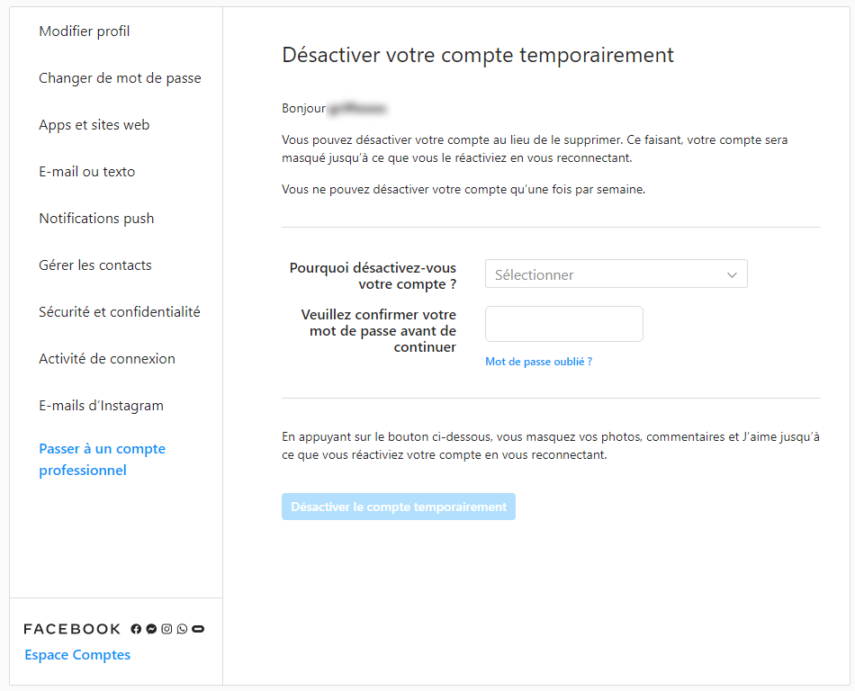 Désactiver temporairement son compte Instagram