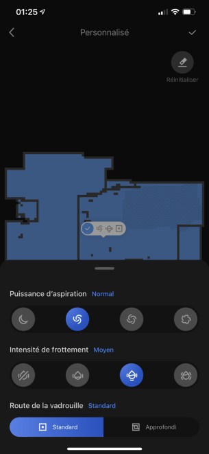 Vous pouvez définir une intensité de nettoyage et lavage par pièce // Source : Frandroid