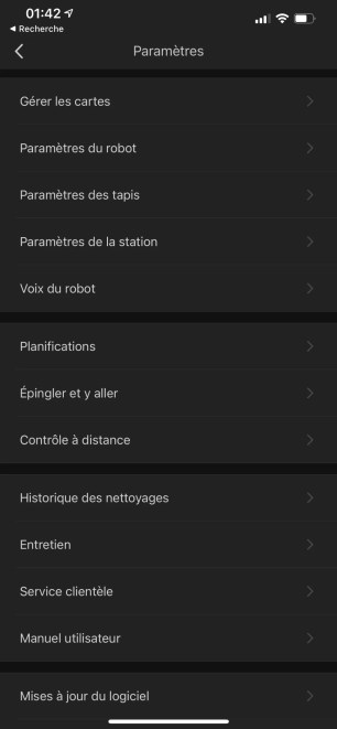 Le menu paramètre du Roborock S7 // Source : Frandroid