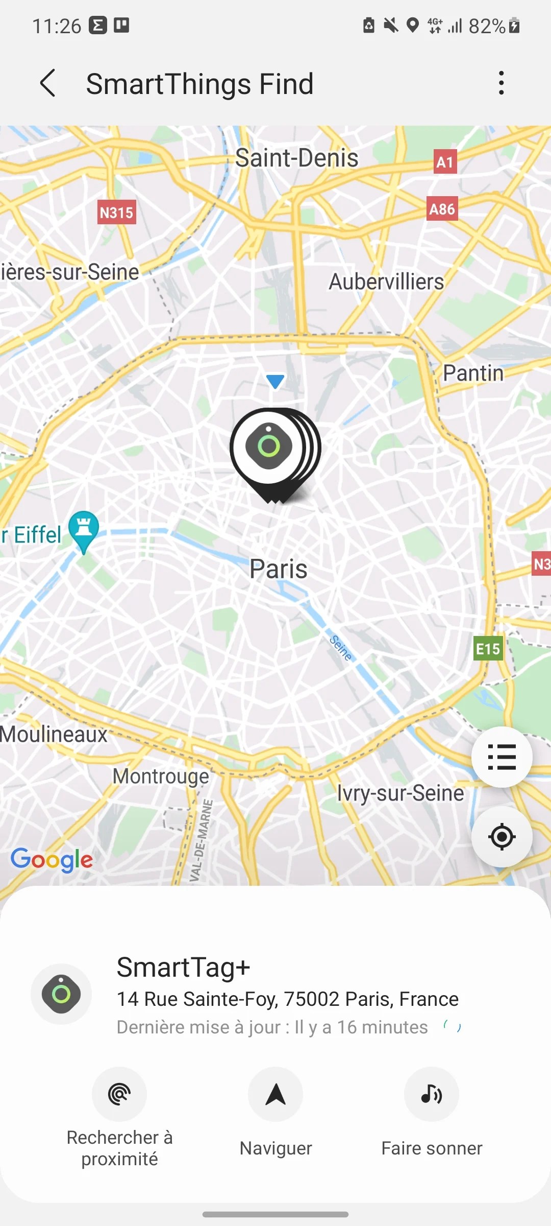 Si vous êtes trop éloigné de votre SmartTag, celui-ci vous proposera une vue Google Maps pour le retrouver. // Source : Frandroid