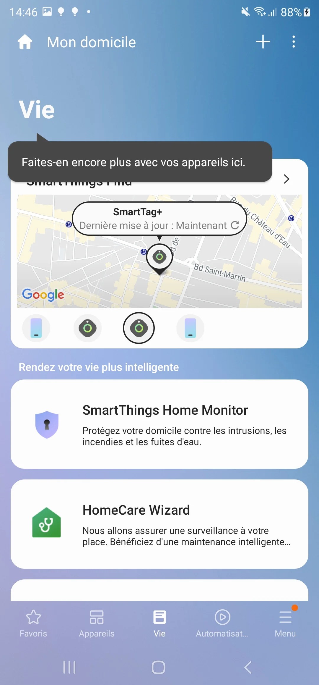 Grâce à une carte tirée de Google Maps, on peut facilement situer le dernier emplacement du SmartTag.