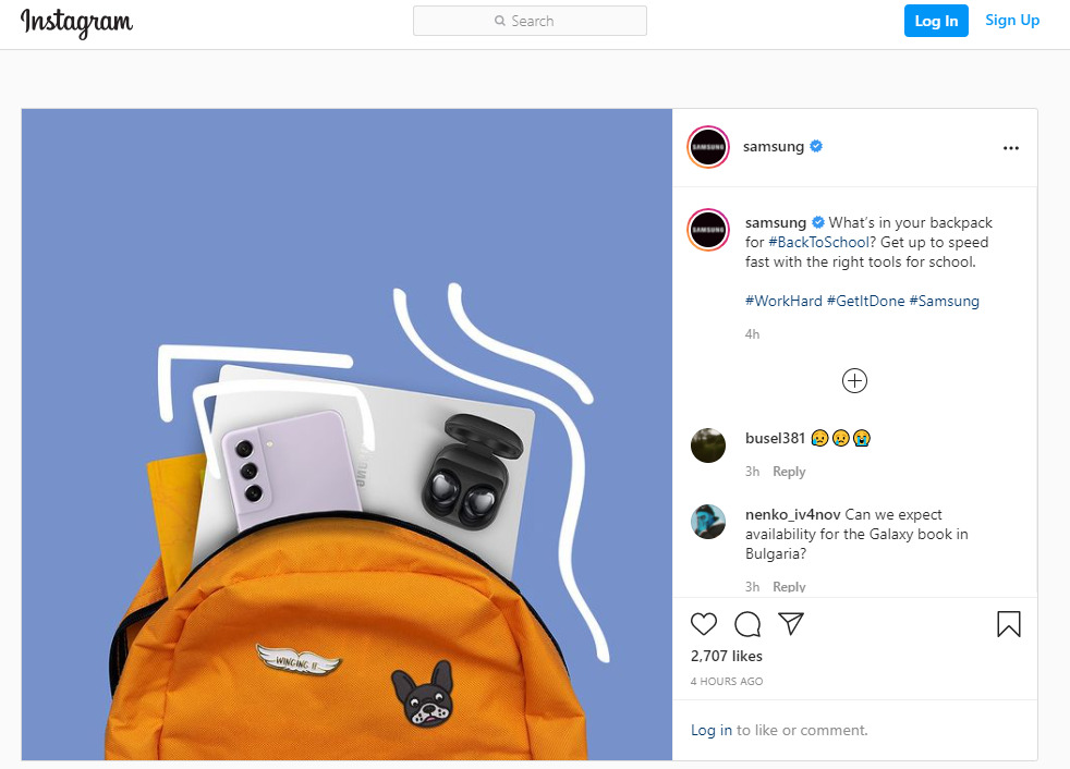 Capture d'écran du compte Instagram de Samsung