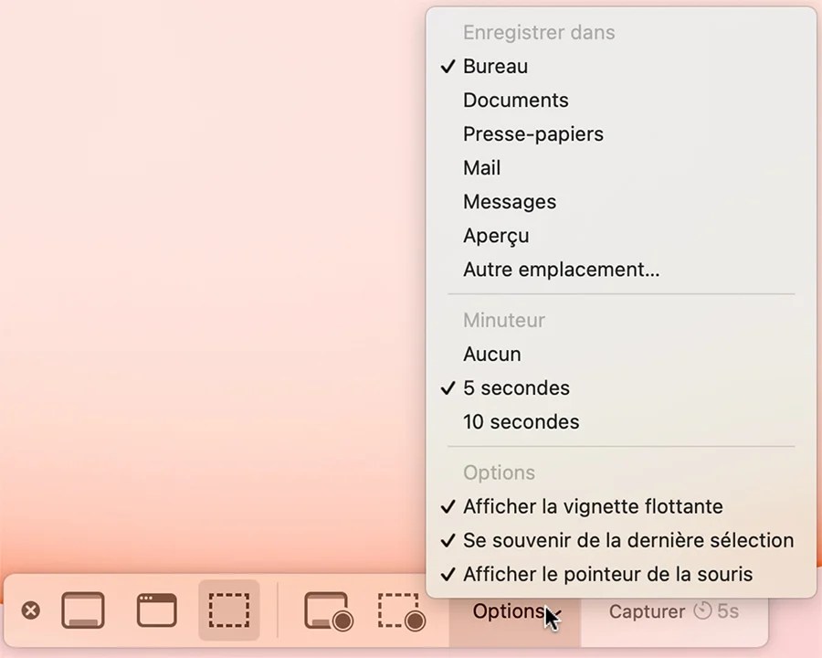 Outil de capture d&rsquo;écran macOS menu option