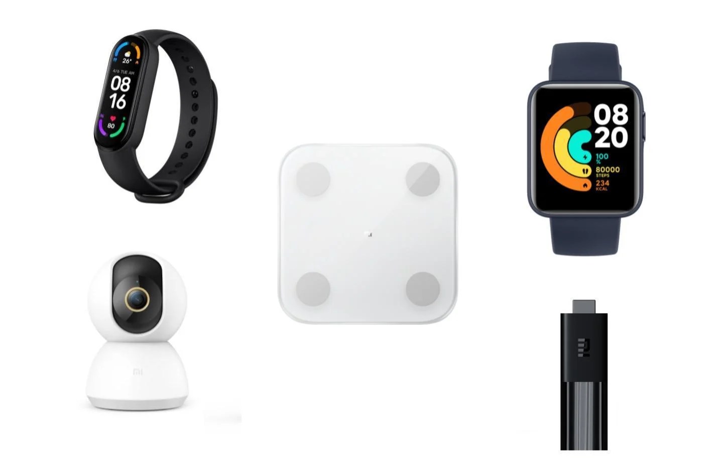 Dans l'ordre : le Mi Smart Band 6, la Mi Body Composition Scale 2, la Mi Watch Lite, la Mi 360° Home Security Camera 2K et le Mi TV Stick.