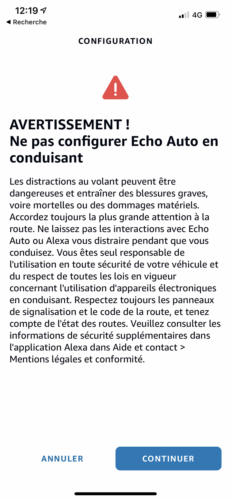 Si vous avuez l'idée saugrenue de configurer Echo Auto alors que vous conduisez, l'app vous le déconseille // Source : Frandroid - Yazid Amer