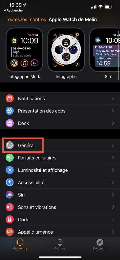 Il faut tout d'abord aller dans l'app Watch sur iPhone