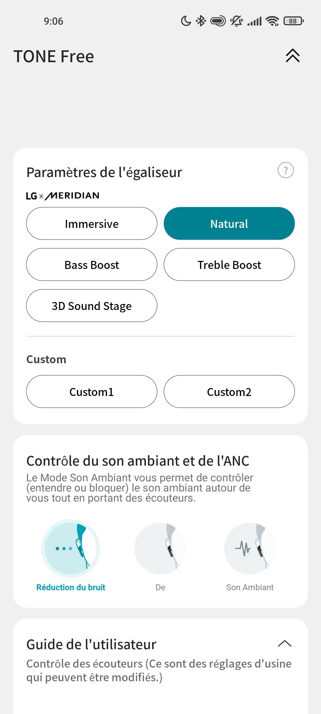 Les profils d'égalisation développés par Meridian sont à activer dans l'app des écouteurs LG Tone Free FP8.