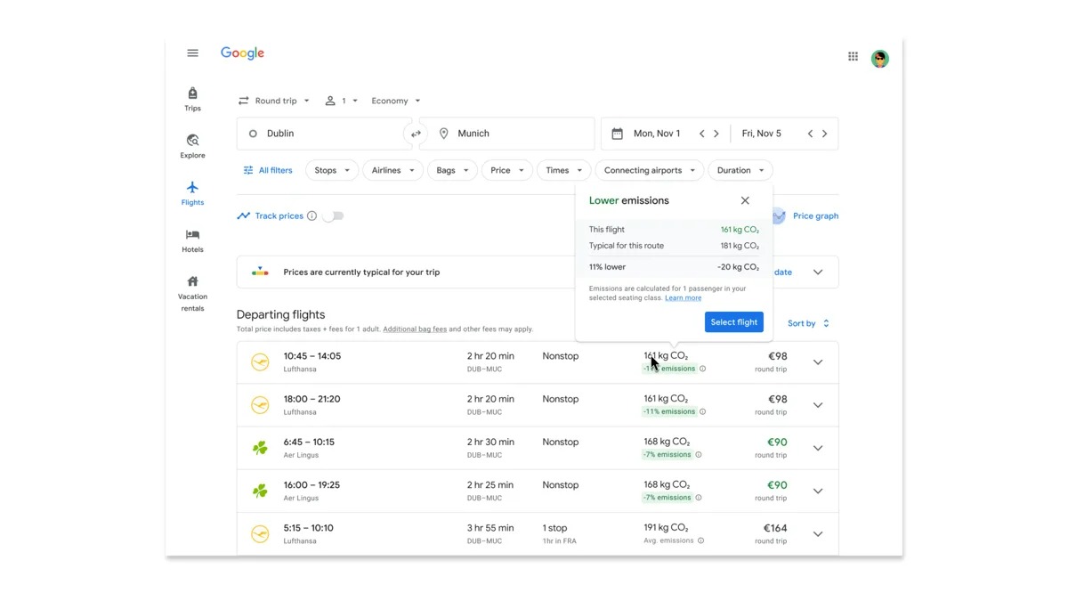 Google Flights indique l'empreinte carbone de votre réservation d'avion