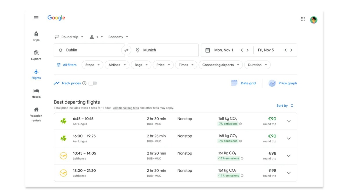 Google Flights indique l'empreinte carbone de votre réservation d'avion