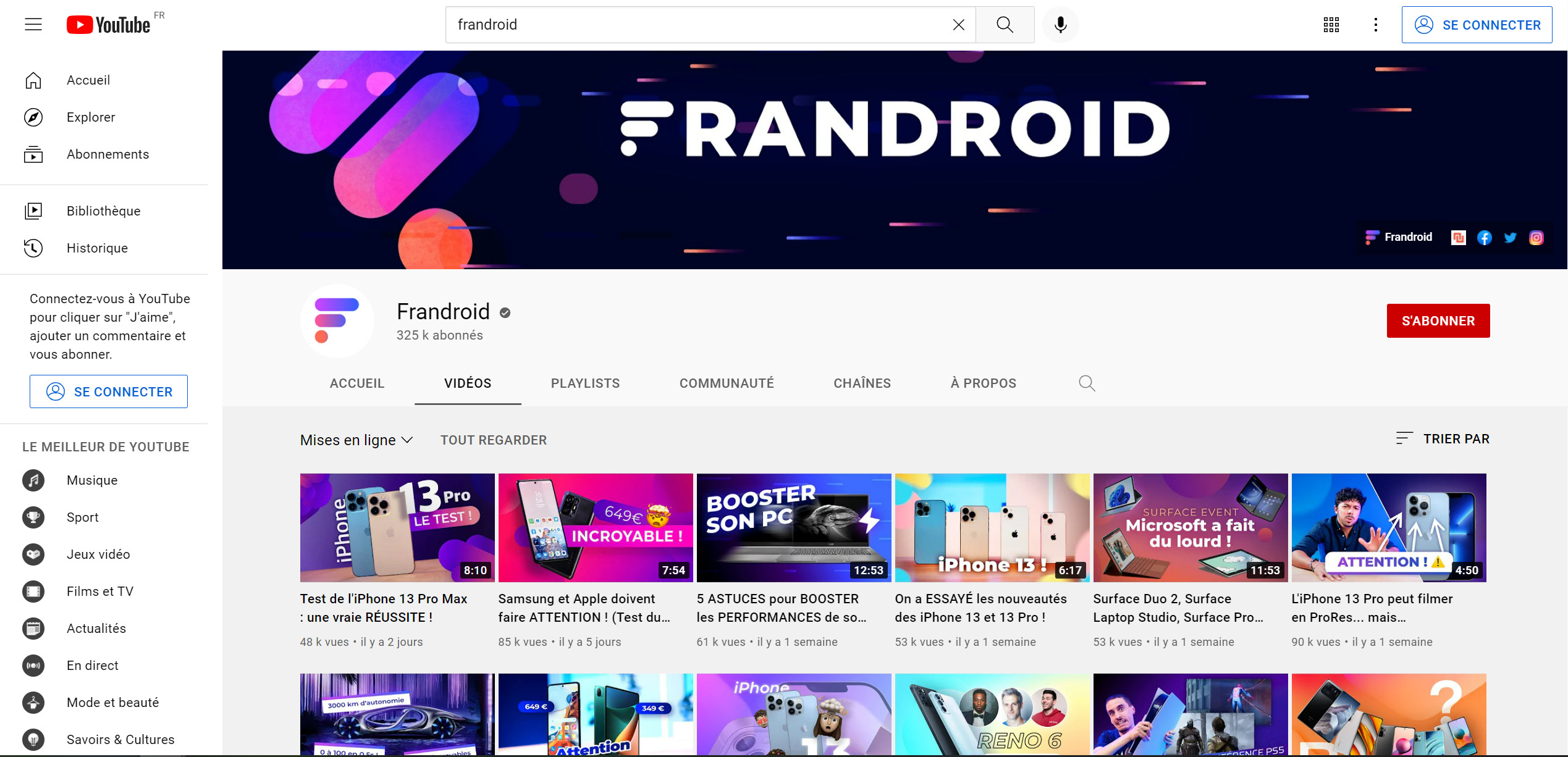 Page Frandroid de YouTube