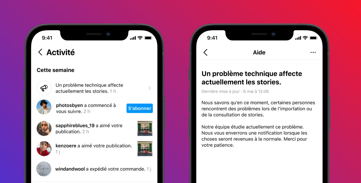 La notification de panne sur Instagram