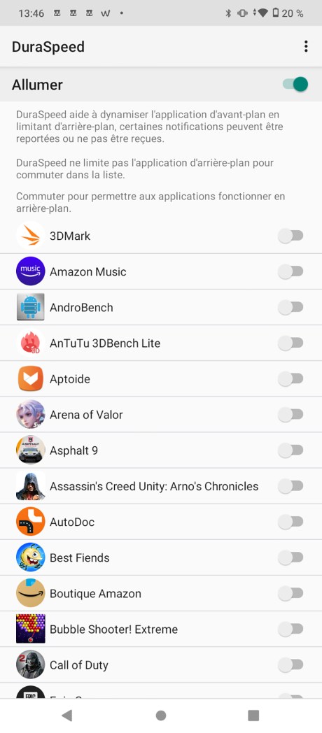 DuraSpeed privilégie l'allocation de ressources à des apps de votre choix, mais cela ne change pas grand chose au final // Source : Frandroid - Yazid Amer
