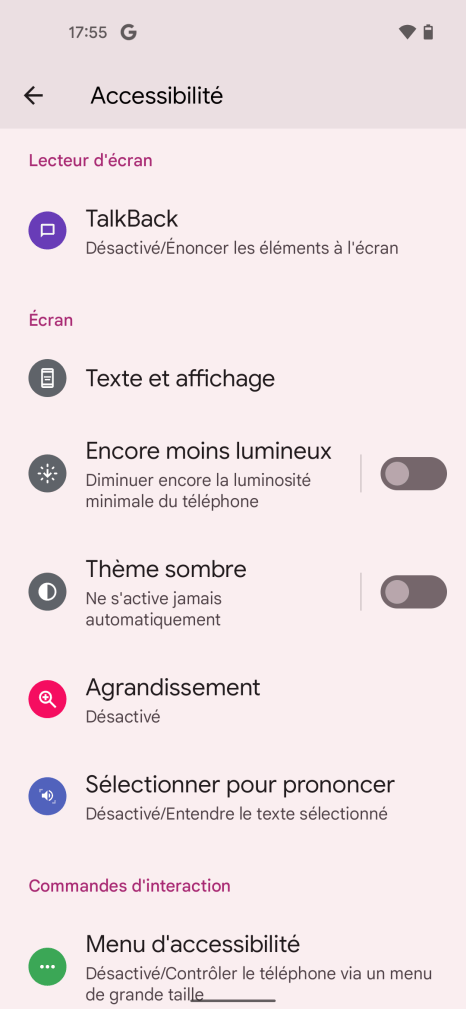 Menu accesibilité sur Android 12.