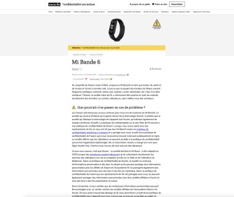 La fiche du Xiaomi Mi Band 6 sur le site *Privacy Not Included // Source : Fondation Mozilla