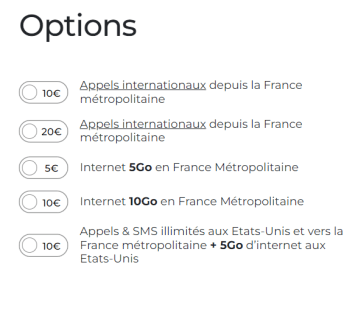 Les options disponibles pour chaque forfaits chez Syma