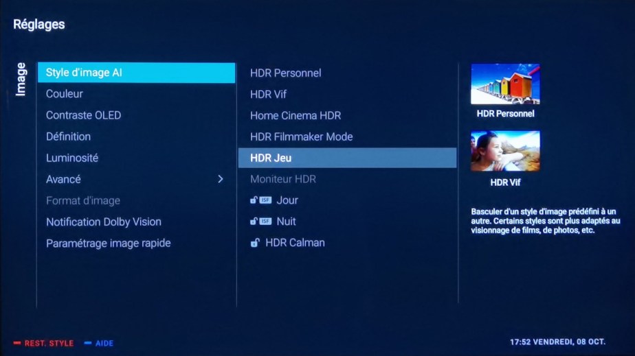 Les paramètres du mode HDR Jeu.