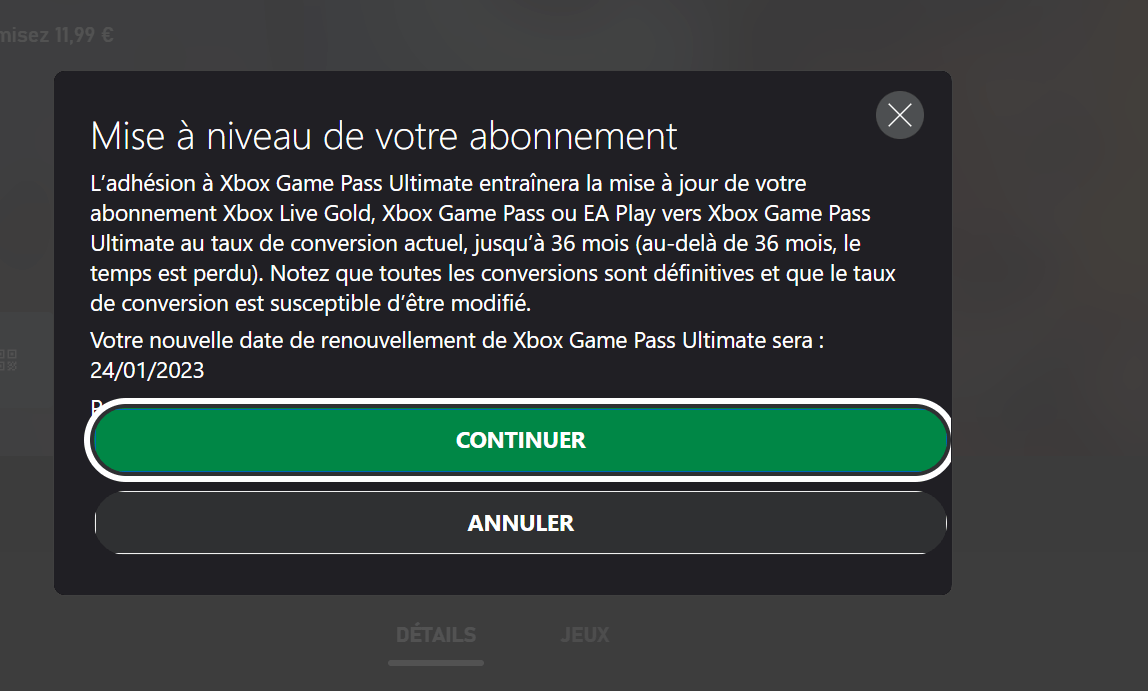 Xbox Game Pass message confirmation