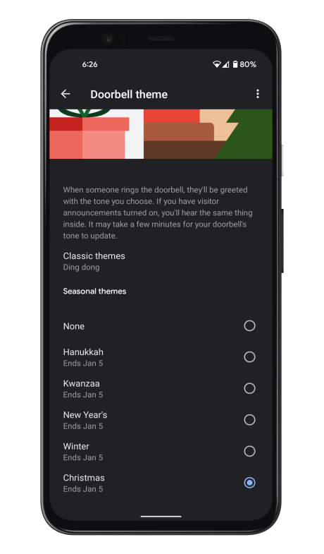 Google propose des sonneries thématiques pour ses sonnettes durant les fêtes // Source : FRANDROID