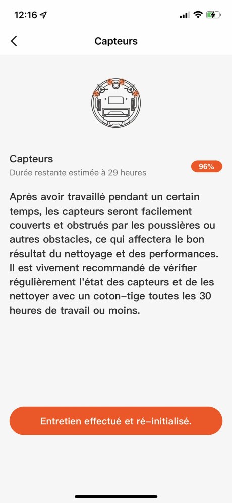 L’app vous fait penser à nettoyer régulièrement les capteurs pour maintenir une efficacité optimale // Source : Frandroid / Yazid Amer