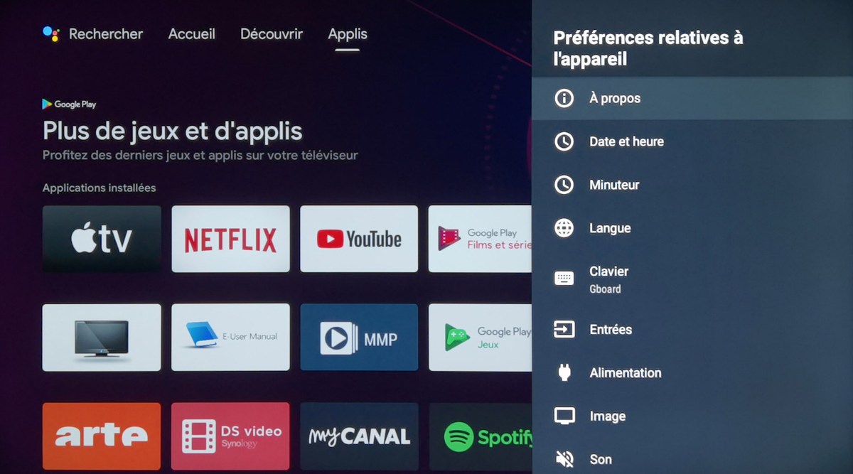 Les sous-menus d'Android TV.