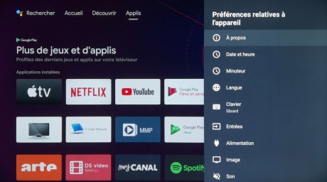 Les sous-menus d'Android TV.