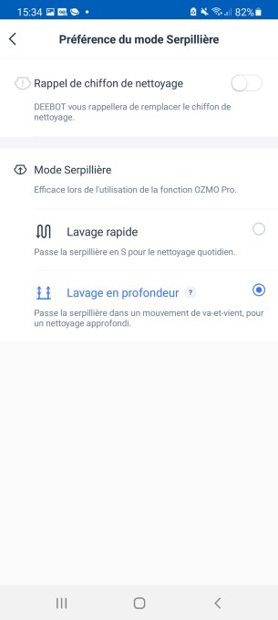 Vous pouvez paramètrer la puissance du nettoyage humide, un conseil passez d'office sur Lavage en profondeur // Source : Yazid Amer - Frandroid