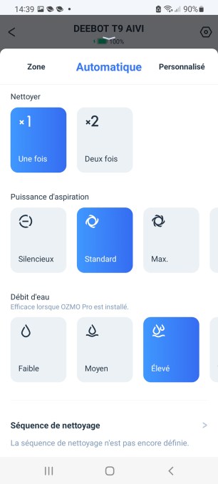 Vous pouvez donc gérer le type de nettoyage, automatique par zone, chambres et le niveau de puissance d'aspiration comme le niveau d'eau // Source : Yazid Amer - Frandroid