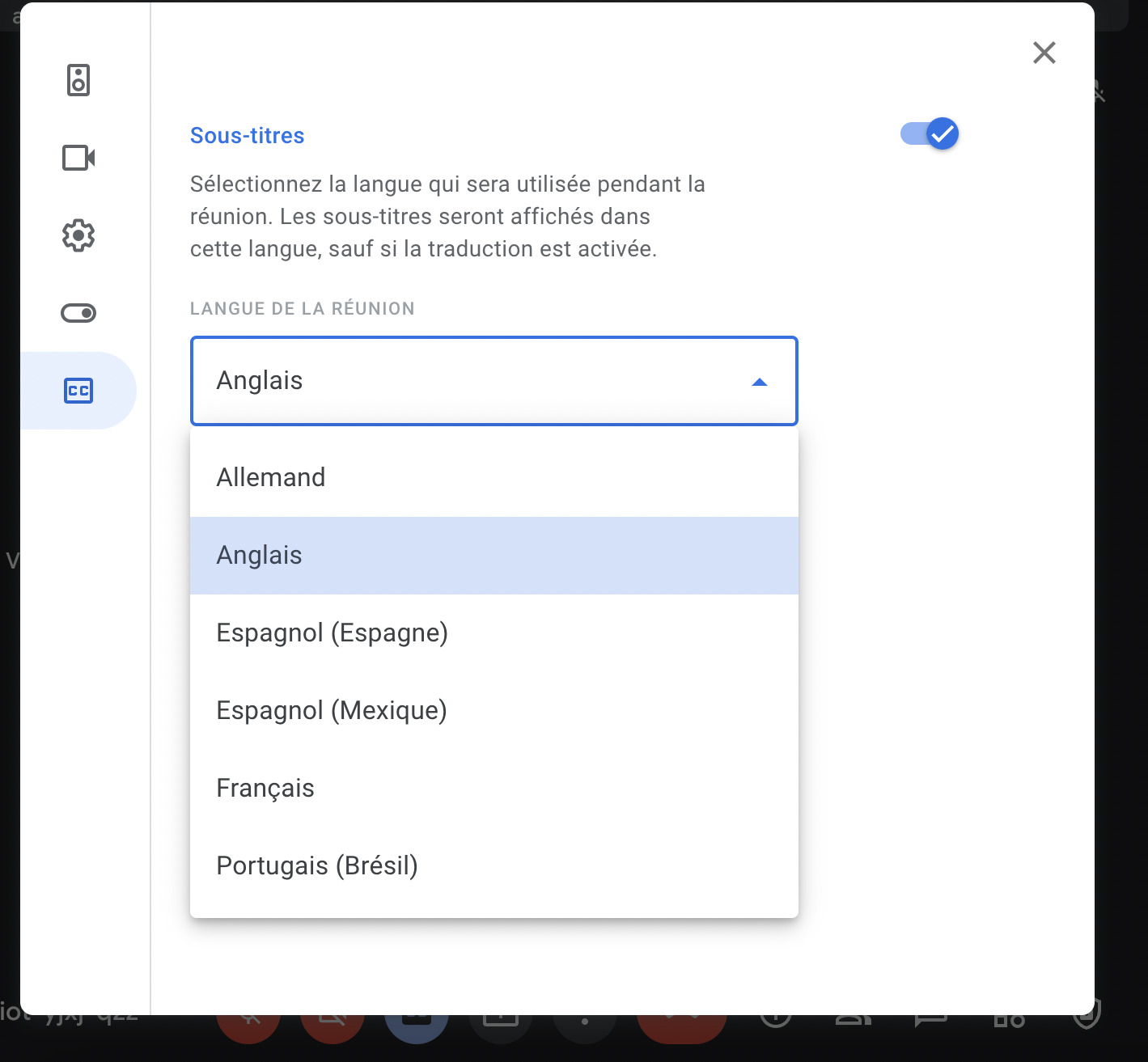 Activation des sous-titres dans Google Meet