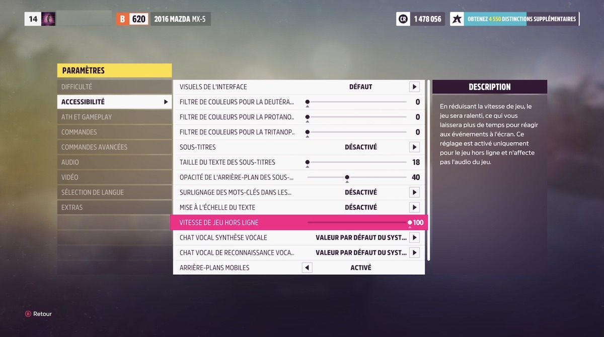 Le menu accessibilité dans Forza Horizon 5