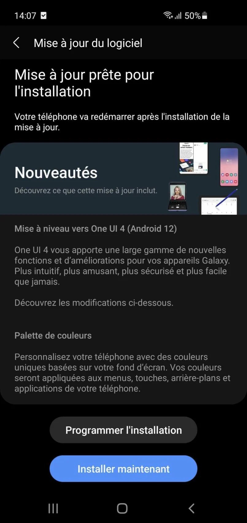 Capture d'écran de la mise à jour One UI 4 sur le Galaxy S10