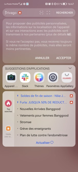 Un outil de recherche peut être invoqué en swippant vers le bas.  // Source : Frandroid