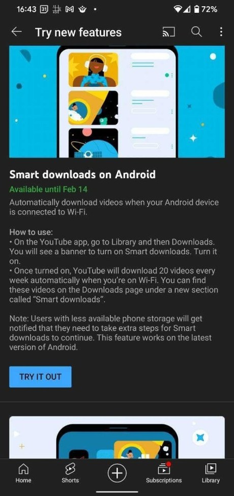 La fonctionnalité téléchargements intelligents pour YouTube Android est en test. // Source : 9to5Google