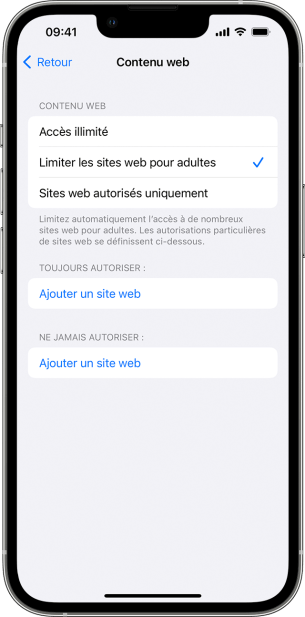 Gestion des listes blanches et noires des sites internet pour les enfants // Source : Apple