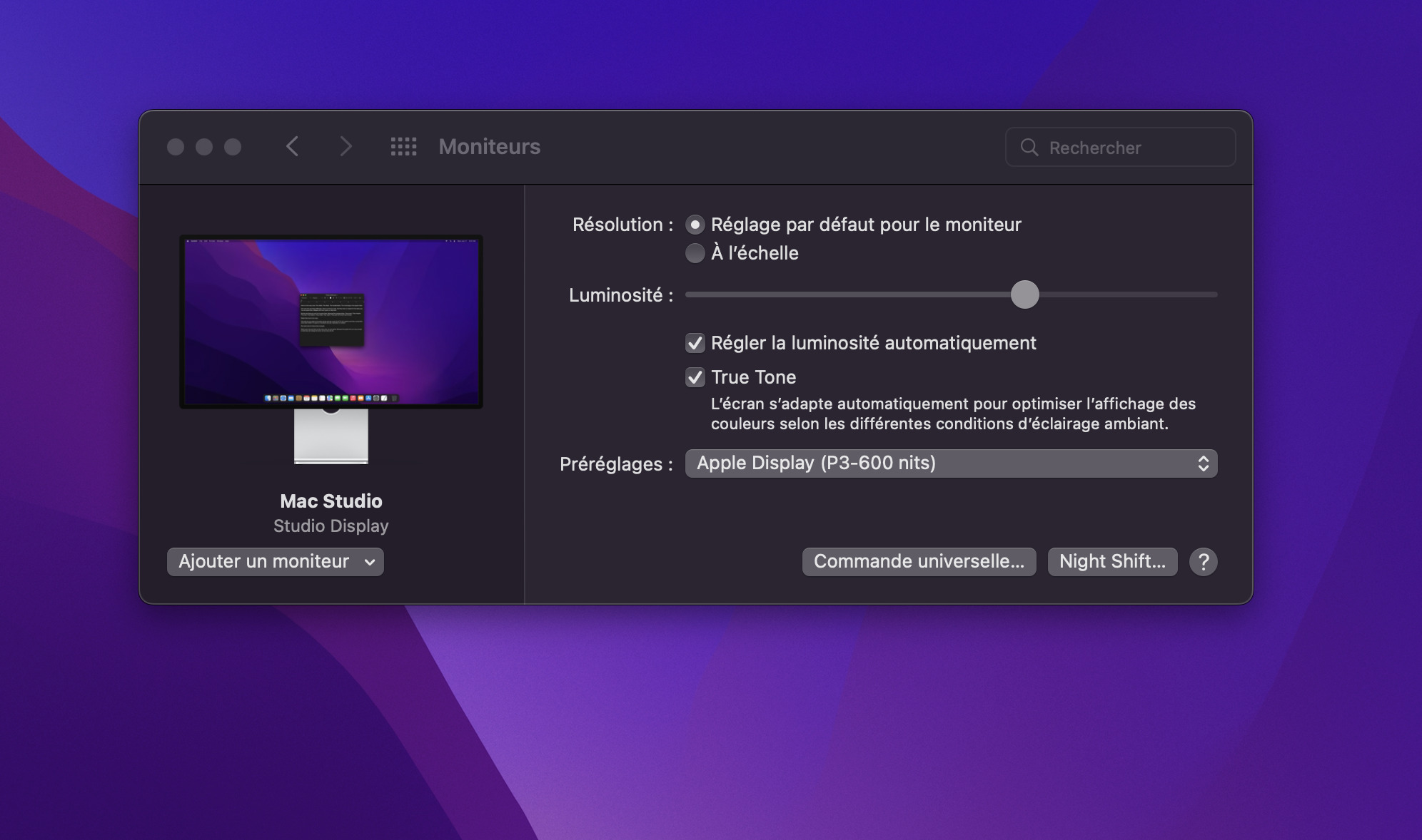 Le Studio Display sous macOS Monterey profite de nombreux préréglages de calibration et la possibilité d'importer ses propres réglages // Source : FRANDROID