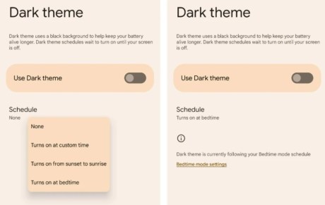 Le mode sombre sur Android 13 pourra s'activer lorsque vous allez au lit. // Source : Mishaal Rahman