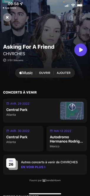 Vous shazamez un morceau et les dates des prochains concerts du groupe sont affichées // Source : Frandroid