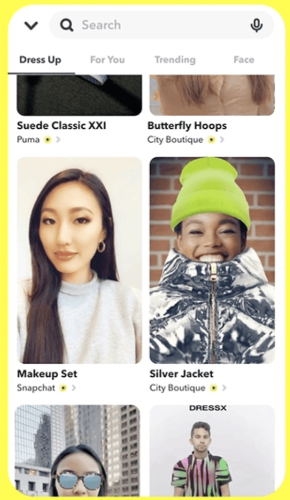 Tous les Lenses pour essayer virtuellement des vêtements et accessoires sont regroupés // Source : Snap