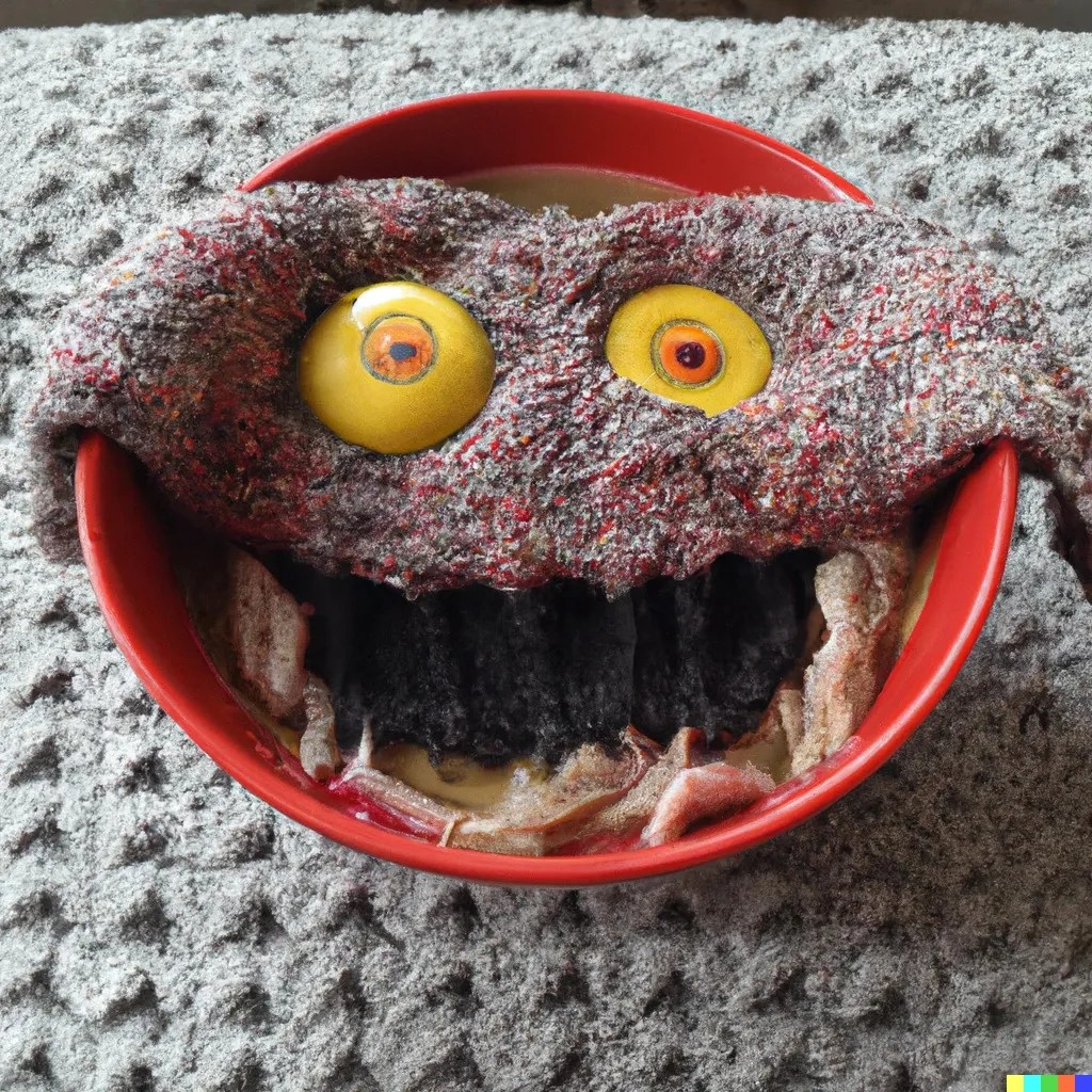 Résultat obtenu pour "Un bol de soupe qui ressemble à un monstre, tricoté en laine" // Source : OpenAI