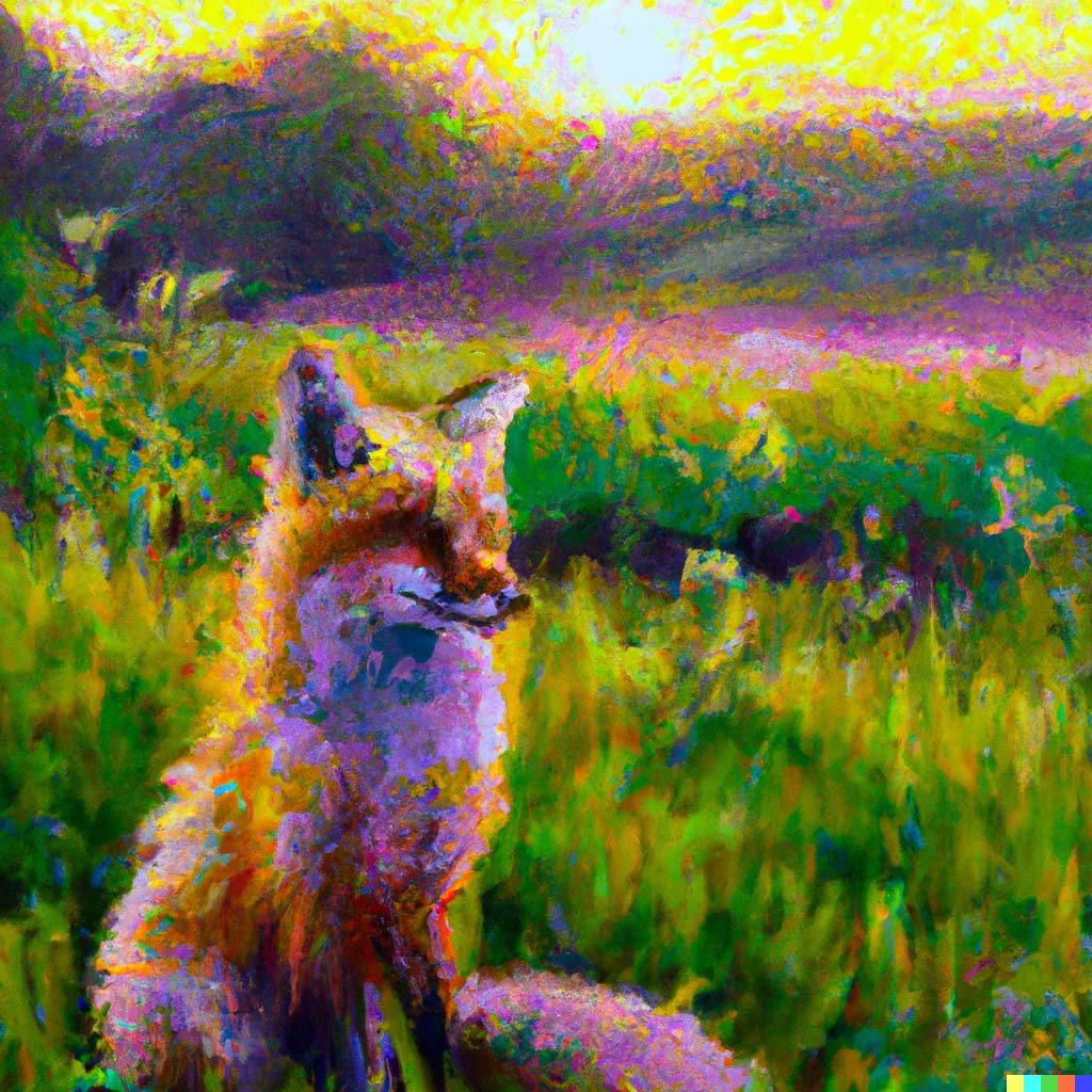 Le résultat avec DALL-E 2 pour "peinture d'un renard assis d'un champ au lever du soleil dans le style de Claude Monet" // Source : OpenAI