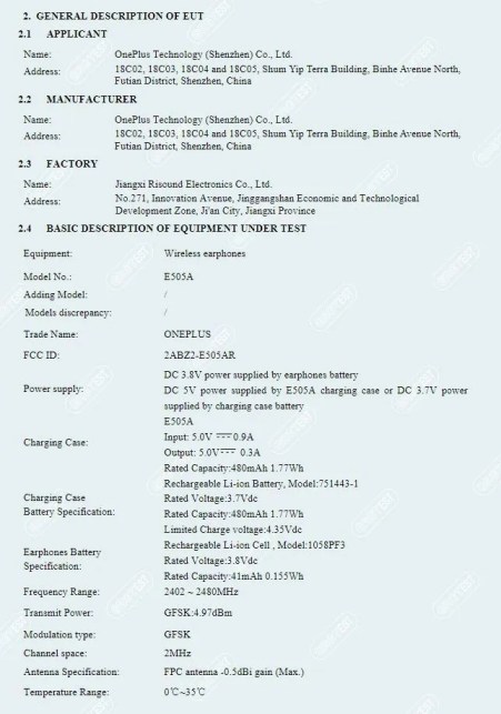 Les spécifications des OnePlus Nord Buds telles que repérées à la FCC. // Source : Mysmartprice.com