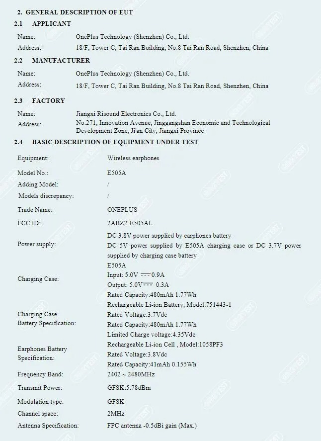 Les spécifications des OnePlus Nord Buds telles que repérées à la FCC. // Source : Mysmartprice.com