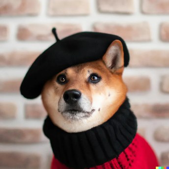 Résultat obtenu pour "Chien Shiba Inu portant un béret et un col roulé noir" // Source : OpenAI