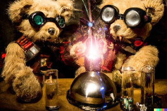 Résultat obtenu pour "Ours en peluche mélangeant des produits chimiques étincelants comme des savants fous, steampunk" // Source : OpenAI