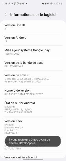 Activation du mode développeur sur One UI 4. // Source : Frandroid