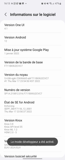 Activation du mode développeur sur One UI 4. // Source : Frandroid