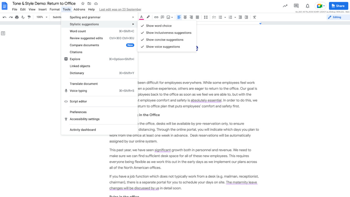 Suggestions style google docs