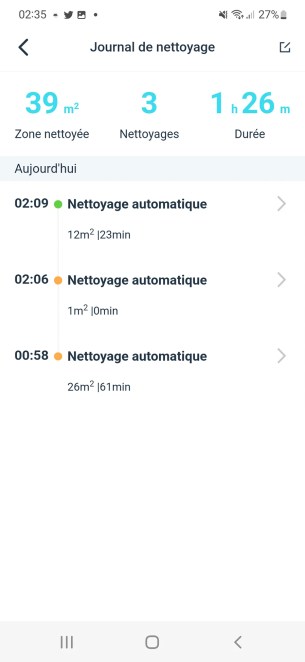 Le journal de nettoyage vous informe sur la surface, la durée de chaque cycle de nettoyage effectué // Source : Yazid Amer - Frandroid