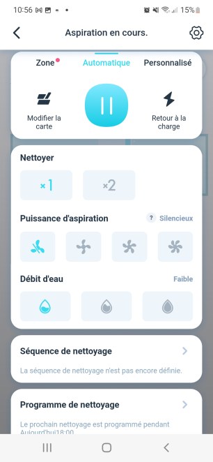 Une fois ouvert, le panneau de contrôle du robot affiche l’ensemble des fonctions importantes.  // Source : Yazid Amer - Frandroid