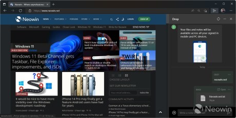 La fonctionnalité Drop sur Microsoft Edge. // Source : Neowin